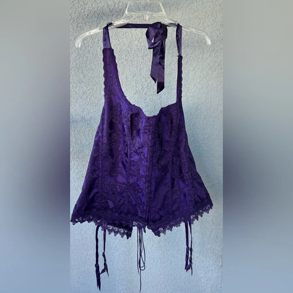 VTG Frederick’s of Hollywood Purple Satin Lace Up Corset Halter Garter Size 44